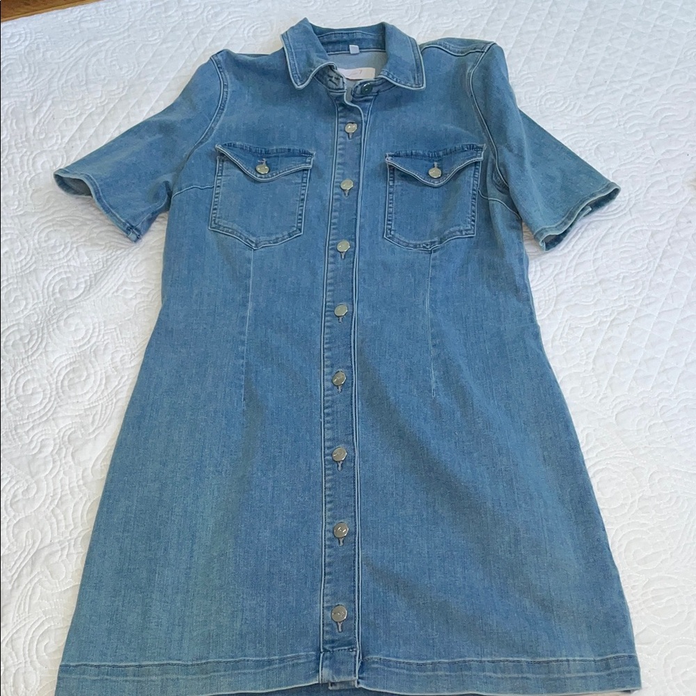 JEN7 by 7 For All Mankind Denim Shirt Dress | Large | Snap Front | Stretch Jean - Picture 2 of 11